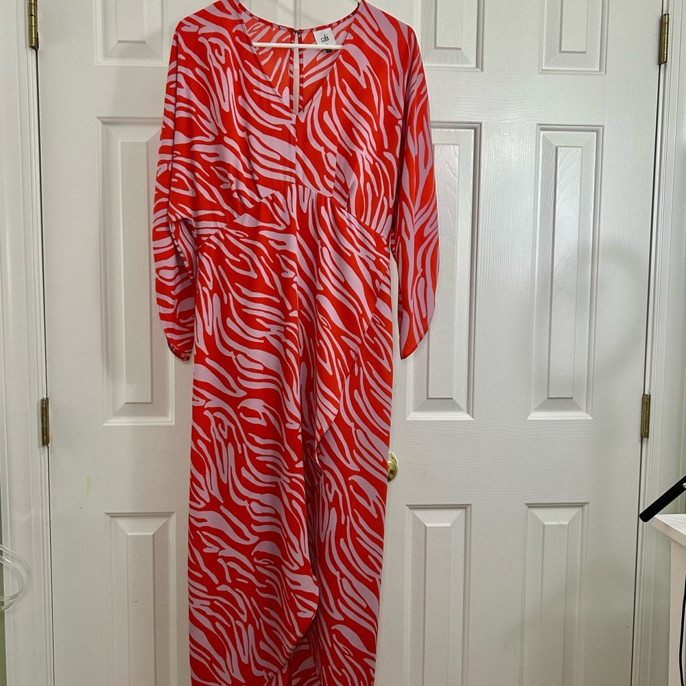 Cabi Saunter Dress Red & Lavender Maxi Empire Waist V-Neck Flutter Sleeve Sz S - Picture 2 of 16